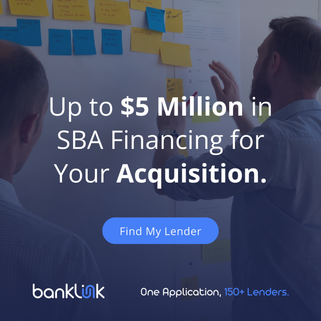 graphic with text "up to $5 million in sba financing for your acquisition" image links to windsorbanklink.com a service powered by Windsor Advantage to match business owners with a business lender to finance buying a business for sale